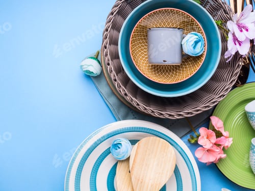 Preview: Tableware dish set on blue pastel background