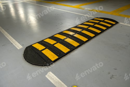 Preview: Striped black and yellow speed bump on a road