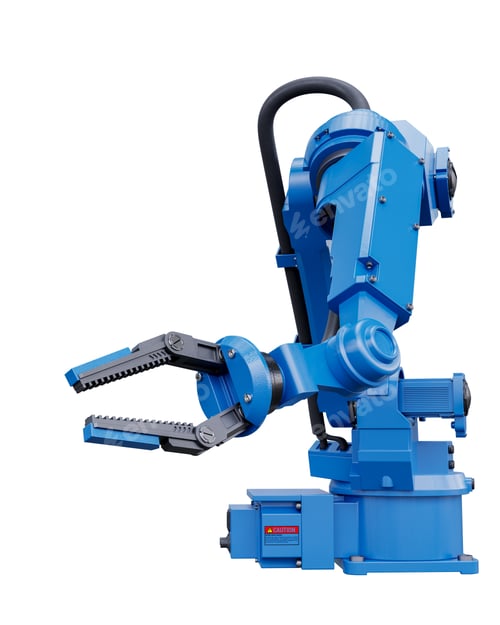 Preview: Blue robotic arm with gripper standing on transparent background
