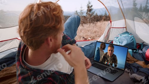Preview: Traveling people video call in conference app. Closeup guy resting in mountains