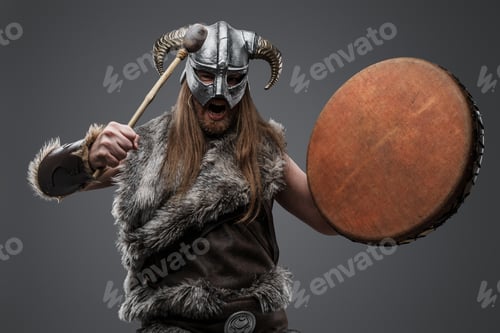 Preview: Long haired viking drummer from past with horned helmet