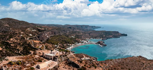 Preview: Kapsali Kythera, Greece. Aerial drone panorama of Kythira twin bay coast, harbor beach and village.