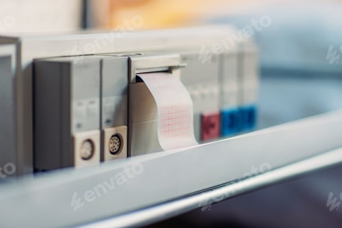 Preview: close up of electrocardiogram tracing machine with ribbon at ward in hospital
