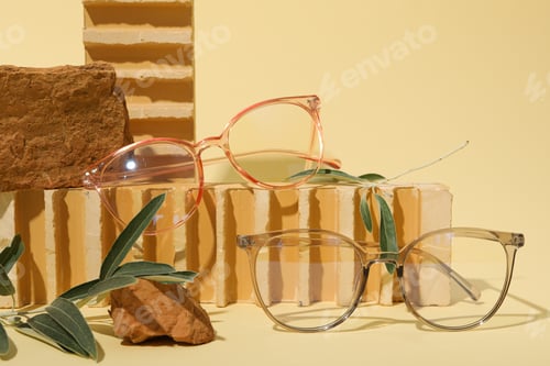 Preview: Glasses and olive tree branches on stones on beige background