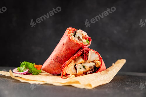 Preview: Shawarma wrap chicken and vegetables pink lavash doner kebab tasty snack fresh food