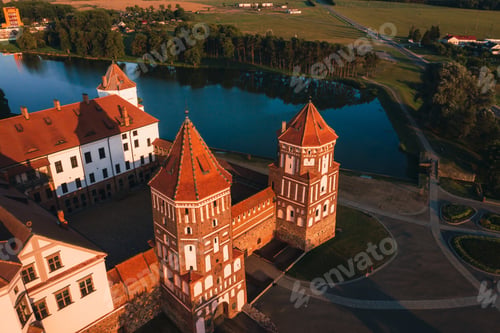 Preview: Mir castle with spires near the lake top view in Belarus near the city of Mir