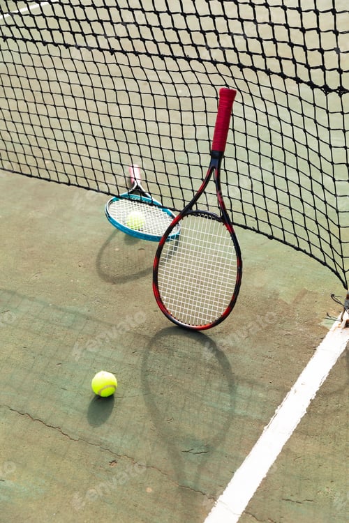 Preview: Detail of two tennis rackets and balls by the net at an outdoor tennis court