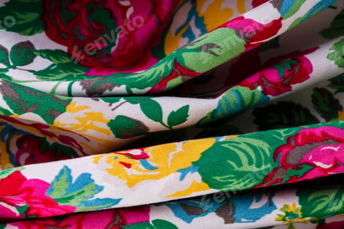 Preview: Texture Of A Fabric In A Flower. Close Up Of Retro Tapestry Fabric Pattern With Classical Image Of