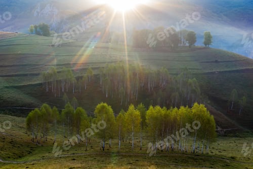 Preview: Drone view of beautiful summer sunrise over Transylvanian mountains.