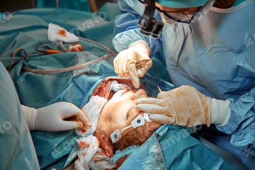 Preview: A surgeon with gloves is operating on his nose. Rhinoplasty, close-up operation. Blue light