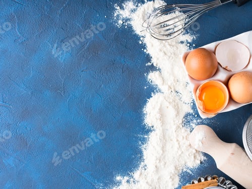 Preview: Baking tools rolling pin whisk and ingredients flour egg