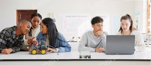 Preview: Robotics, education and student group at school learning future coding, programming or laptop. Chil