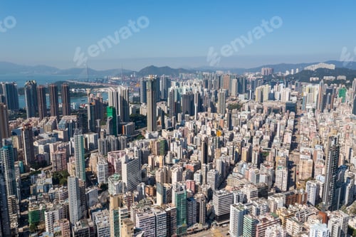 Preview: Kowloon, Hong Kong 13 November 2021: Top view of Hong Kong city