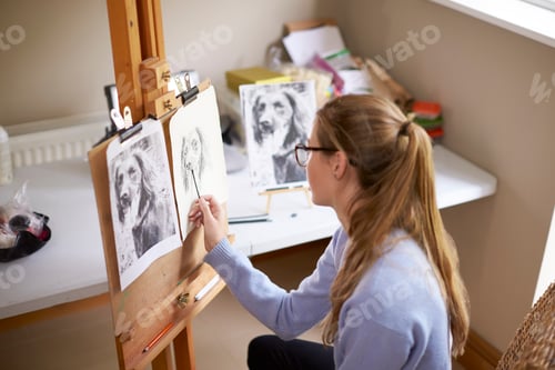 Preview: Side View Of Female Teenage Artist Sitting At Easel Drawing Picture Of Dog