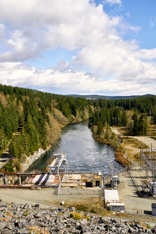 Preview: BC Hydro Strathcona Dam looking down at the visible infrastructure and the Campbell River,