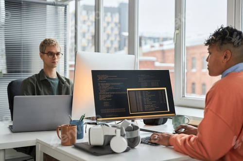 Preview: Colleagues working with codes in IT office