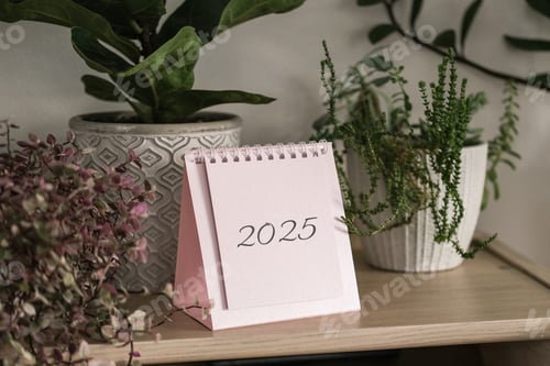 Preview: Calendar 2025 and house plants on a shelf