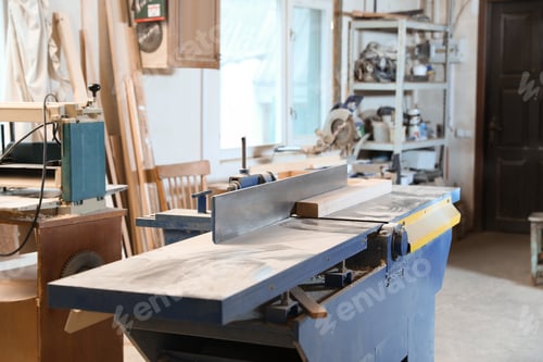 Preview: Modern wood machines in carpentry shop. Working space