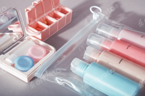 Preview: Travel kit. Set of plastic bottles for cosmetic products, kit for contact lenses, pill organizer.