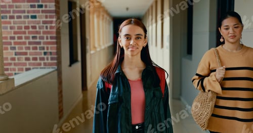 Preview: School, hallway and portrait of student at academy with backpack for learning, studying or knowledg
