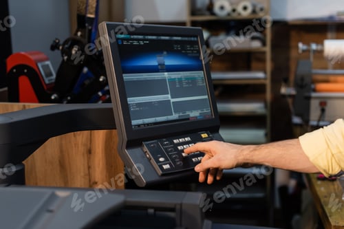 Preview: cropped view of man pressing button on panel near monitor in print center