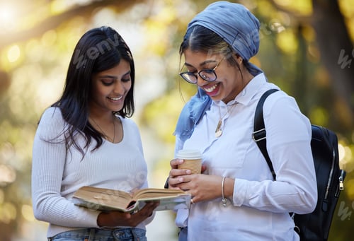 Preview: Happy, reading or university friends in park on campus for learning, education or future goals tog