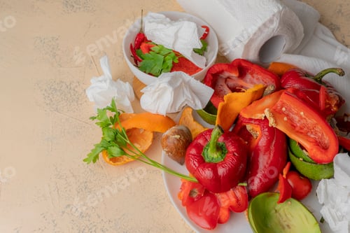 Preview: dirty dishes after cooking vegetable salad, peeled vegetables and fruits on the tables
