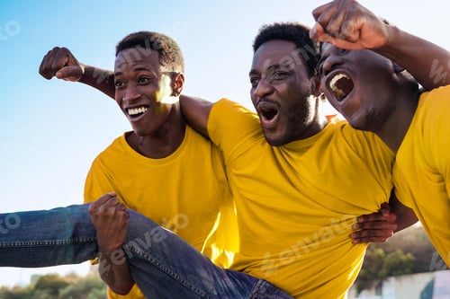 Preview: Crazy black football fans celebrating in the crowd supporting their team at sport stadium - Soccer