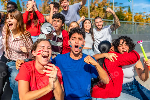 Preview: Excited young sports fans celebrating a goal in stadium