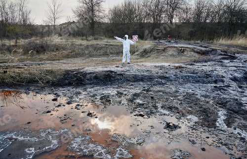Preview: Scientist exploring territory, emission area, polluted water, man in protective suit