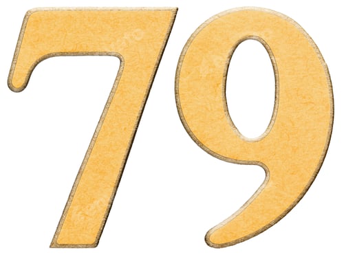 Preview: 79, seventy nine, numeral of wood combined with yellow insert, isolated on white background
