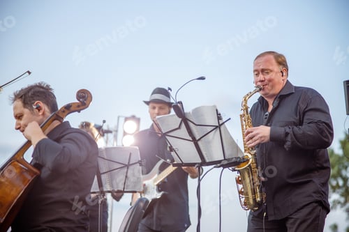 Preview: Male saxophonist playing in orchestra on the street