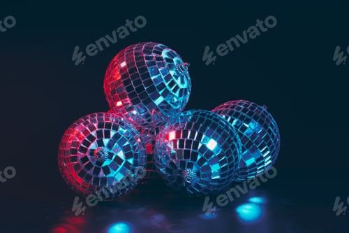 Preview: Group of shiny Disco Balls on dark background close up