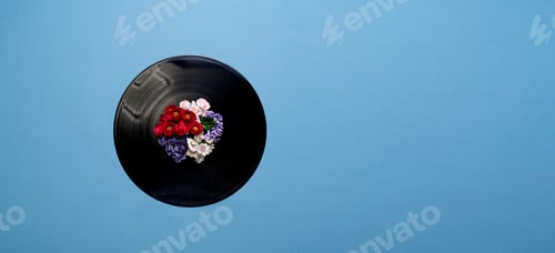 Preview: a top view of a vinyl disc record with flowers around