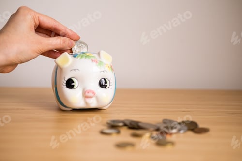 Preview: Women's hand put money in the piggy Bank. The concept of savings. Metal money is a trifle