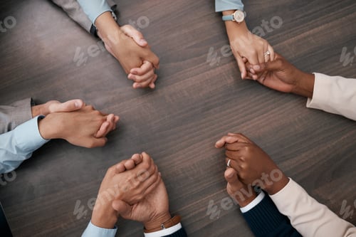 Preview: Teamwork, collaboration and business people holding hands before meeting in the office. Diversity,