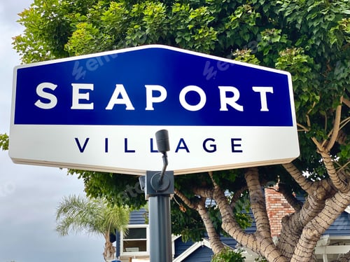 Preview: Seaport Village lighted sign in a beautiful outdoor shopping center in San Diego California