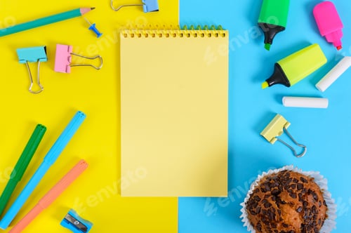 Preview: School accessories on a yellow-blue bright background.