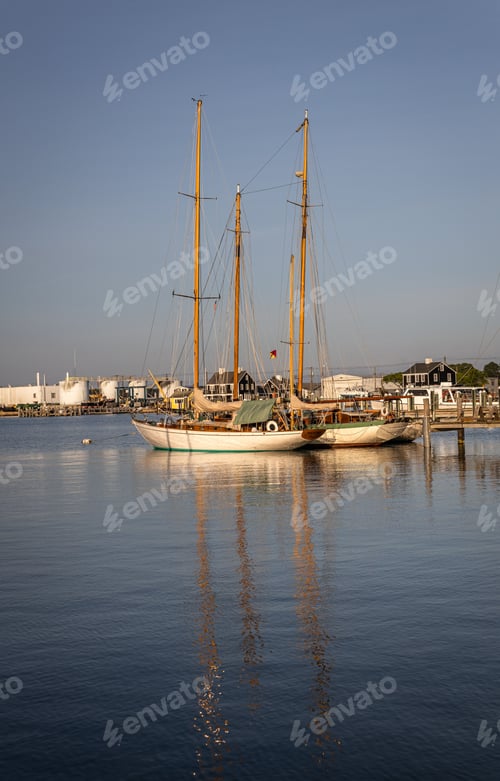 Preview: Vertical shot of white boats at a dock during sunset