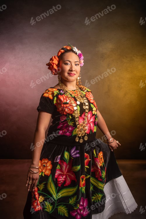 Preview: A woman in a colorful dress with flowers on it