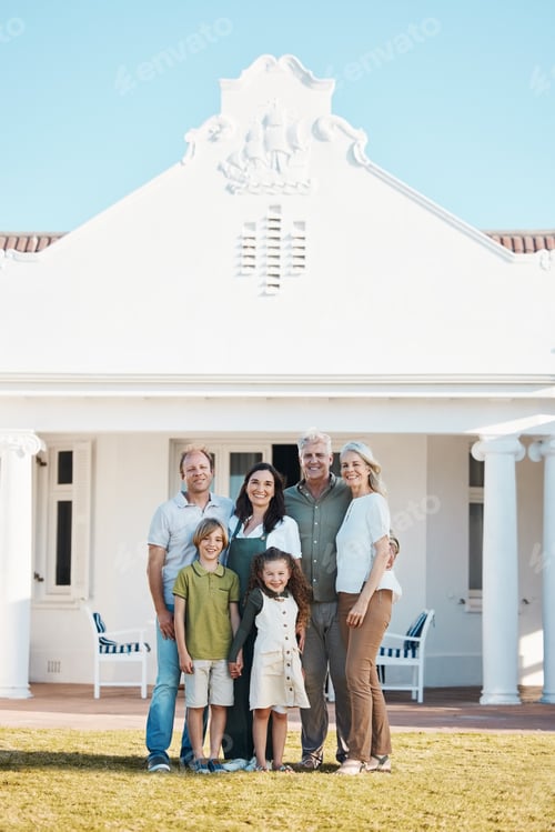 Preview: Happy big family, portrait and hug in new home on lawn, property or investment on outdoor grass. Pa