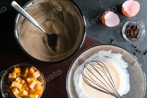Preview: Whipped egg with milk, base sauce and cheese on a gray stone