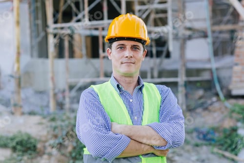Preview: Portrait Engineer builder. Happy Foreman confident arm crossed project worker architect leader man
