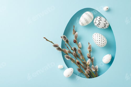 Preview: Charming Easter design idea: top view showcasing delicate pussy willows and decorated eggs