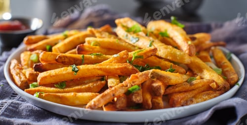 Preview: plate of crispy seasoned french fries with parsley garnish