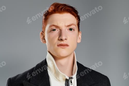 Preview: Young man with striking red hair showcases winter fashion against a soft grey background