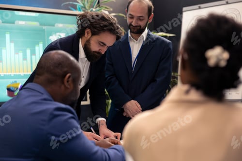 Preview: Business partners meeting to share details and exchange impressions