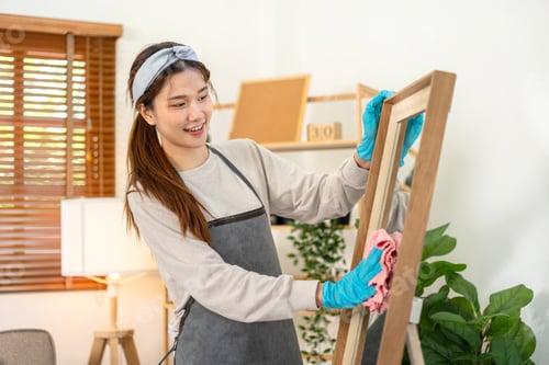 Preview: Housekeeper is wearing protective gloves and using microfiber cloth to cleanups and wiping dirt