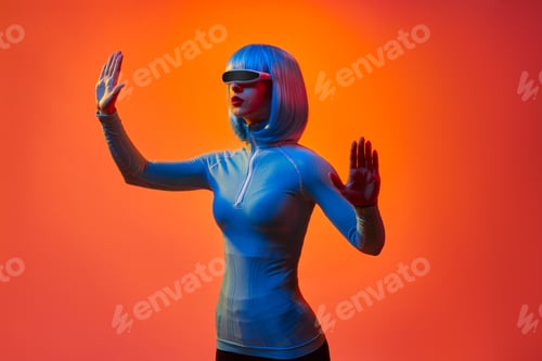 Preview: Woman in digital goggles interacting with virtual reality