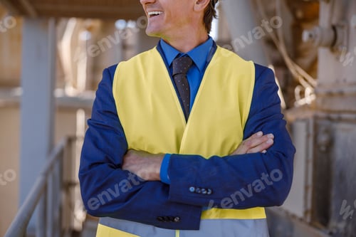 Preview: Joyful male engineer standing at manufacturing plant